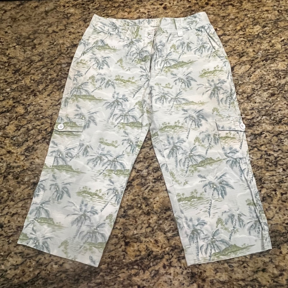 LL Bean Women Cargo Crop Pants 12 Reg Cotton Tropical Palm Tree Print Green Blue
